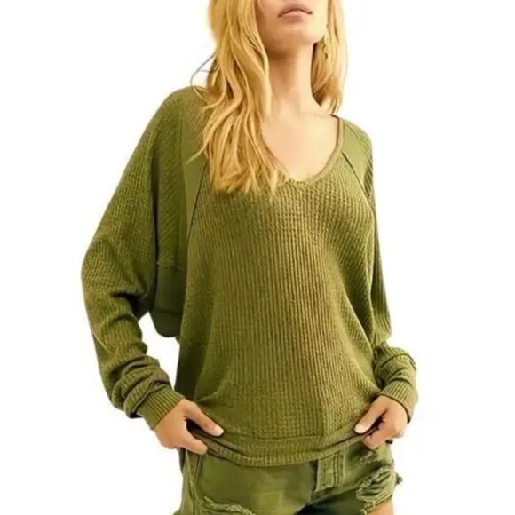 Free People Sweaters - NEW Free People Santa Clara Thermal Sweat shirt Top in Ferngully Green